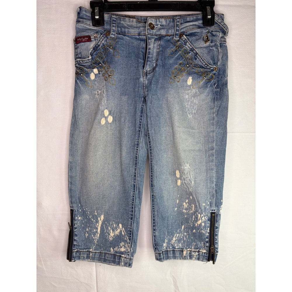 Baby Phat Womens Cropped Distressed Jeans Medium Wash Paint Splatter Y2K Capri